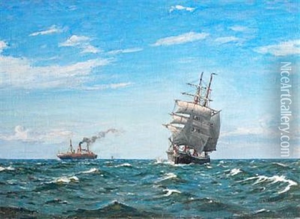 Ships In Open Sea Oil Painting - Christian Benjamin Olsen