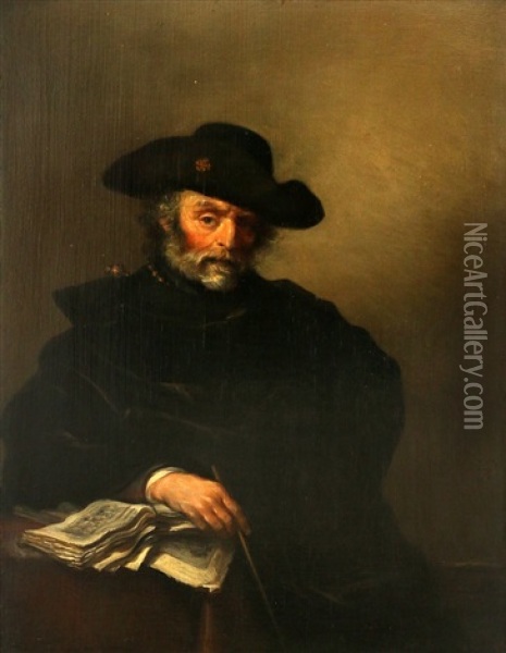 Portret Van Een Man Met Hoed Met Zijn Hand Op Een Boek Oil Painting - Hendrick Gerritsz. Pot
