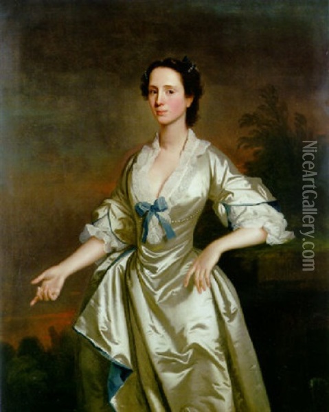 Portrait Of Lady Margaret Grant In A Blue-lined Oyster Satin Dress With A Blue Bow Oil Painting - Allan Ramsay