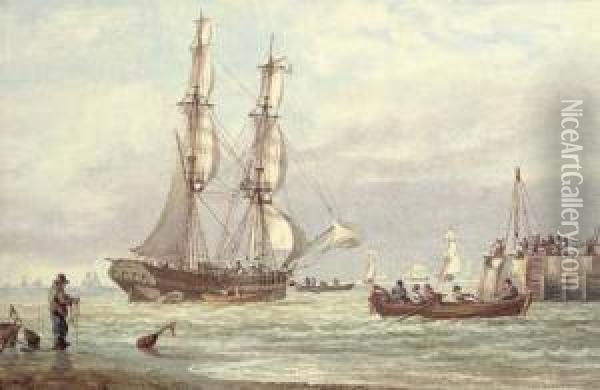 Brig Off Yarmouth Harbour Oil Painting - William Joy