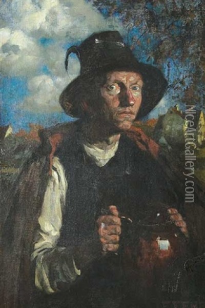 Bauer Mit Krug, Im Hintergrund Hauser Oil Painting - Friedrich Fehr