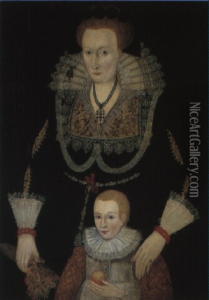 Portrait Of A Lady With Her Son Holding An Apple Oil Painting - Marcus Gerards the Younger