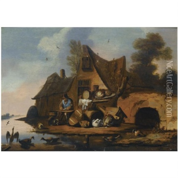 A Peasant Cleaning Fish In Front Of A Cottage By A Stream, With A Still Life Of Cabbages, A Barrel And A Copper Bowl, Ducks In The Foreground Oil Painting - Adriaen Lievensz van der Poel