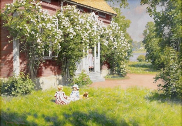 Gardsidyll I Sommargronska Oil Painting - Johan Fredrik Krouthen