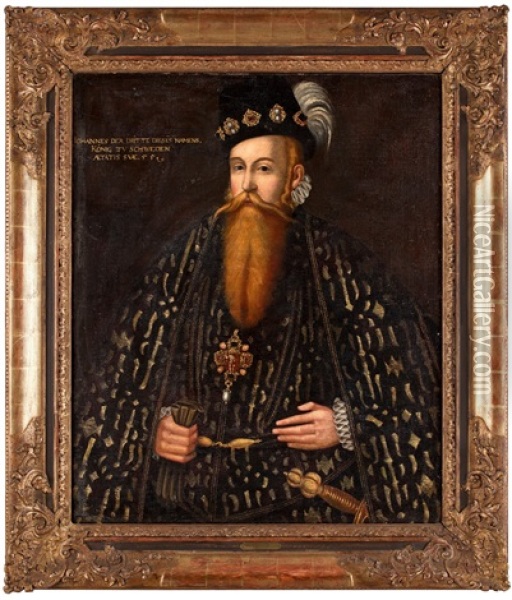 Konung Johan Iii, Ikladd Spansk Svart Hovdrakt Med Guldbrodyr, Midjebild Oil Painting - Johan Baptista van Uther