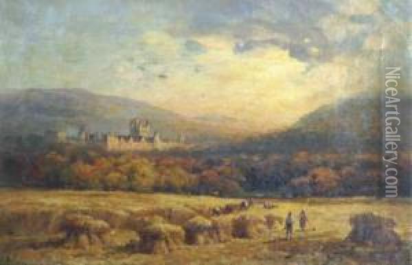 View Of Balmoral Castle With Figures Harvesting In Theforeground Oil Painting - Andrew Melrose