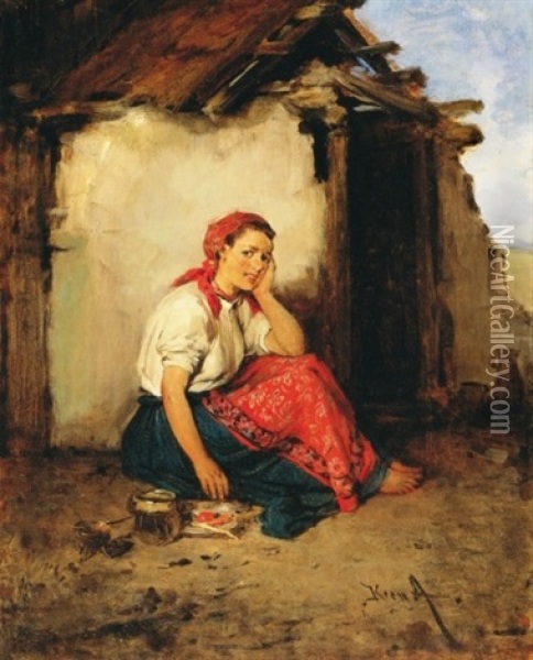 Varakozas (wait) Oil Painting - Hermann Kern