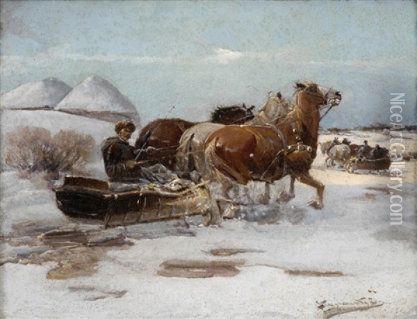 Winterlandschaft Mit Pferdeschlitten Oil Painting - Jan Konarski