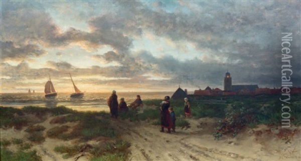 De Terugkeer Van De Vissersvloot, Katwijk Oil Painting - Salomon Leonardus Verveer
