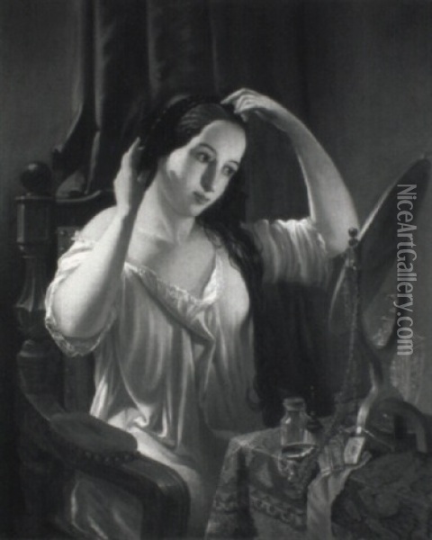 An Elegant Beauty Looking In A Mirror Oil Painting - Jacobus Van Koningsveld