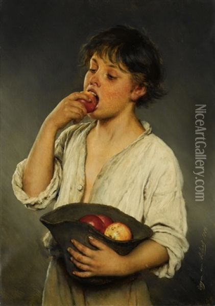 Knabe Apfel Essend Oil Painting - Eugen von Blaas