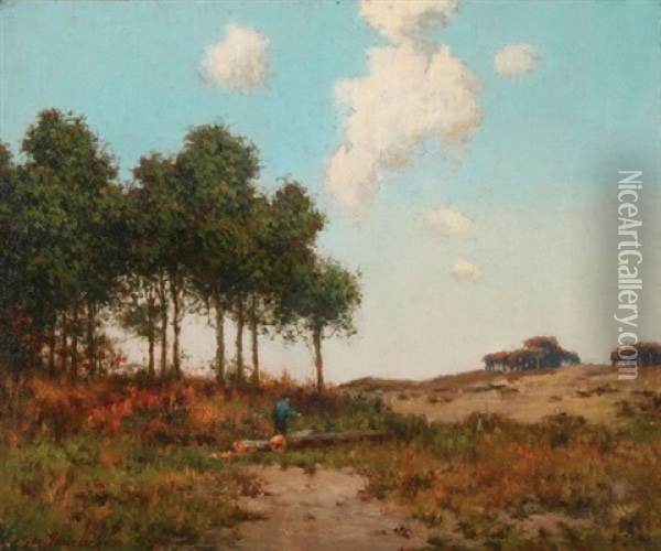 Summer Landscape With Figure Near Fallen Tree Oil Painting - George Inness Jr.