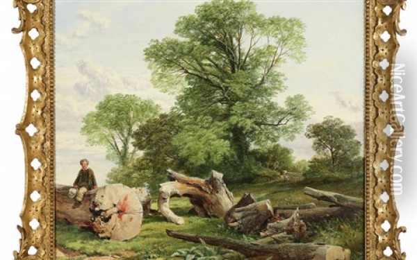 Young Boy Sitting On A Fallen Tree Oil Painting - Frederick William Hulme