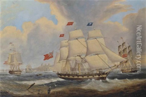 A Merchantman, In Three Positions, At The The Mouth Of The Tyne Oil Painting - John Scott