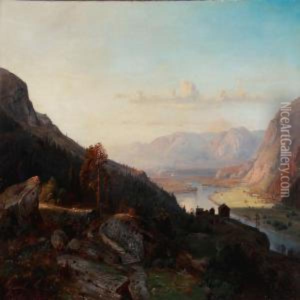 View From The Mountains With Lights In The Valley Oil Painting - Christian Delphin Wexelsen