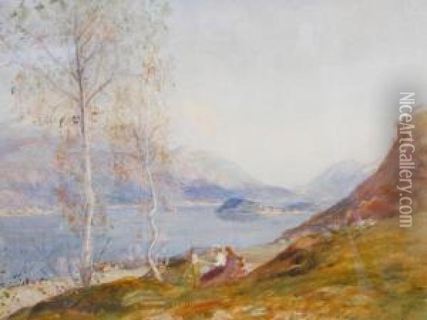 A Woman Seated At Her Easel Painting The Lake And Mountains Before Her Oil Painting - David Murray