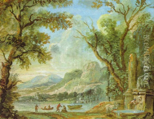 Gebirgige Fluslandschaft Mit Einem Steinernen Brunnen, Booten Und Figuren Oil Painting - Giovanni Battista Busiri