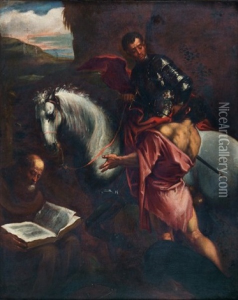 Saint Martin Donnant Son Manteau A Un Mendiant Et Saint Francois D'assise Lisant Oil Painting - Pedro Orrente