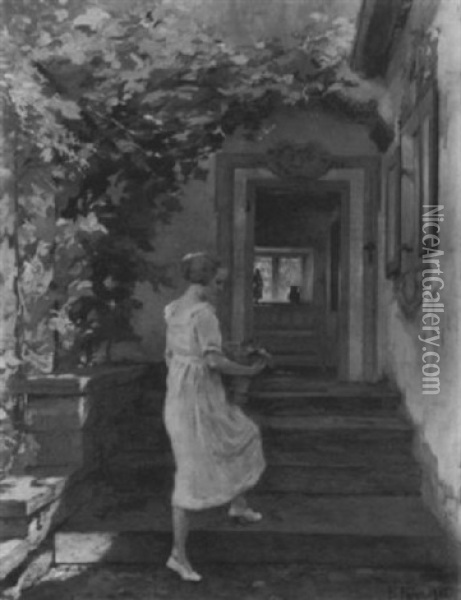 Eine Junge Frau Vor Einem Hauseingang Oil Painting - Friedrich Fehr