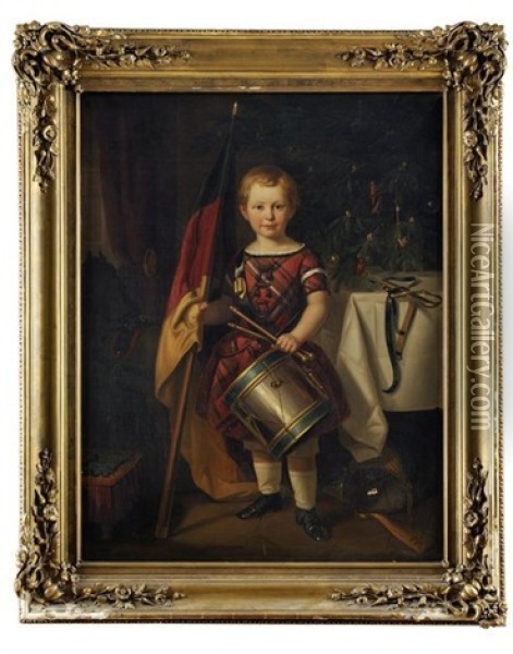 Portrait D'enfant Devant Un Sapin De Noel Tenant Le Drapeau Imperial Allemand Oil Painting - Friedrich Adolf Hornemann