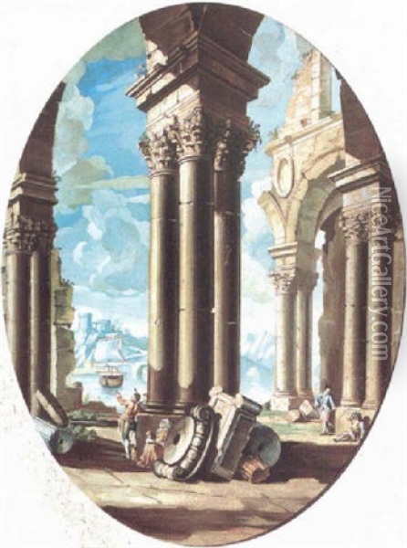 A Capriccio View With Figures By Ruined Columns Oil Painting - Giovanni Paolo Panini