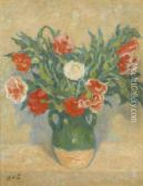 Stillleben Mit Pfingstrosen In Braun-gruner Vase. Oil Painting - Georges dEspagnat