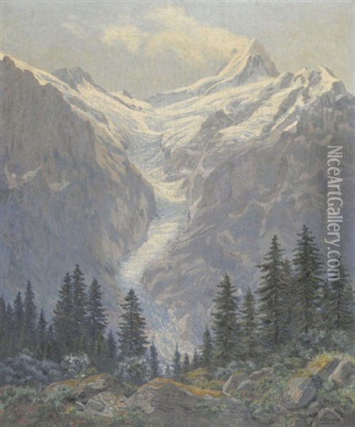 Schreckhorn Und Der Obere Grindelwaldgletscher Oil Painting - Gottfried Herzig