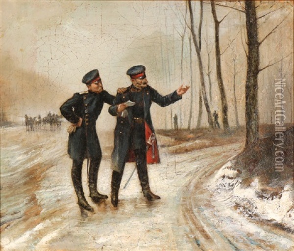 Two Officers Conferring Oil Painting - Etienne Prosper Berne-Bellecour