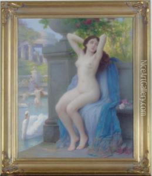 Nude By A Fountain Oil Painting - Jules Scalbert