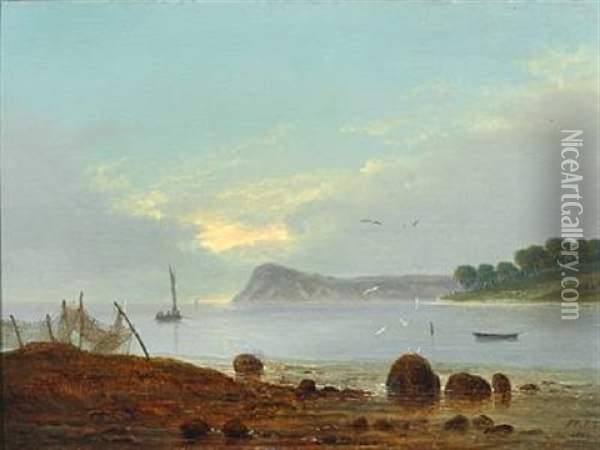 A Coastal Scene In The Evening. In The Foreground Fishing Net Hanging Out To Dry Oil Painting - Frederik Michael Ernst Fabritius de Tengnagel