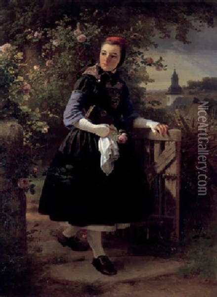 Nach Dem Kirchgang - Madchen In Schwalmer Tracht Oil Painting - Jakob (von Worms) Becker