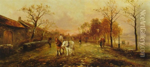 Dorfstrase Am Flusufer In Der Abenddammerung Oil Painting - Emil Barbarini