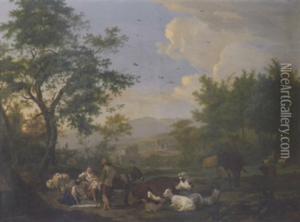 A Shepherd And His Family Resting Amongst Their Livestock In A Wooded Landscape With A Bridge Over A River Beyond Oil Painting - Nicholas Henri Joseph Fassin