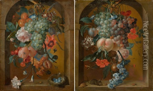 Pair Of Works: Still Life Of Flowers With A Mouse / Still Life Of Flowers With A Bird