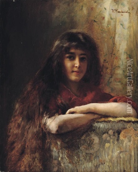 Portrait Of A Young Girl Oil Painting - Konstantin Egorovich Makovsky