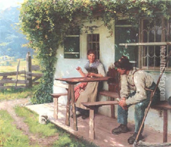 Junges Paar In Der Glyzinienpergola Oil Painting - Emil Rau