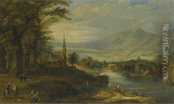 An Extensive Landscape With Fisherman On The Banks Of The River,a Church Beyond Oil Painting - Francesco Guardi