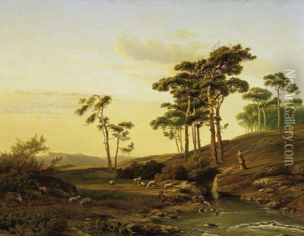 Dusk With Shepherds Taking Their Herd Of Sheep Along The Stream Bank Oil Painting - Cornelis Lieste