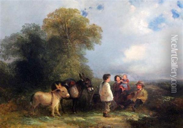 Travellers Resting On A Track With Two Donkeys And A Cart Oil Painting - George Cole, Snr.