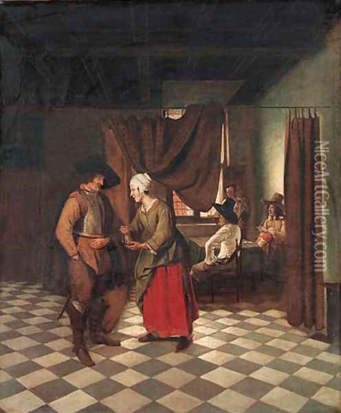 An interior with a soldier paying a servant Oil Painting - Pieter De Hooch