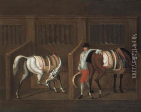 Mr. Ambrose Phillip's Two Racehorses In A Stable With A Groom Oil Painting - James Seymour