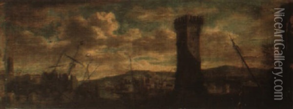 View Of A Town, A Port Beyond Oil Painting - Adriaen Van Der Cabel