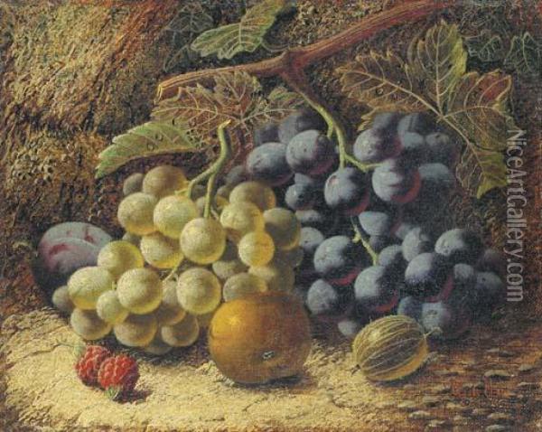 Grapes, Raspberries, A Plum, An Apple And A Gooseberry On Abank Oil Painting - Oliver Clare