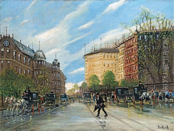 Street-view In A City Oil Painting - Antal Berkes
