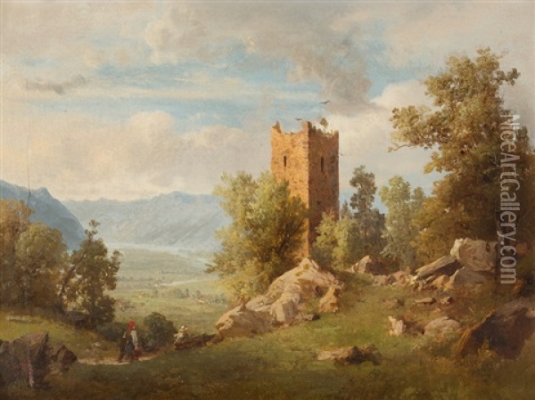 Landschaft Bei Meiringen Mit Blick Auf Die Burgruine Resti Oil Painting - Karl Friedrich Toeche