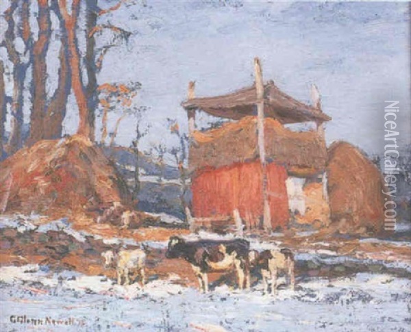 Cattle Grazing In A Snow Covered Landscape Oil Painting - George Glenn Newell