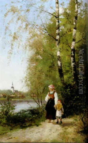 Mor Och Dotter Pa Varpromenad Oil Painting - Johan Severin Nilsson