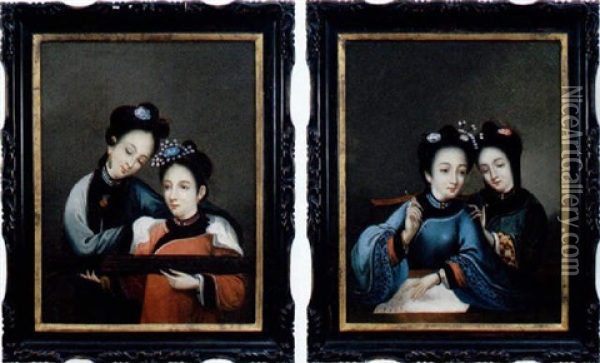 Portrait Of Two Women In Chinese Dress Oil Painting -  Lam Qua