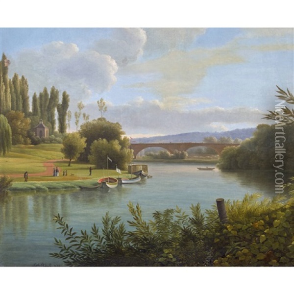 Sommerliche Flusspartie Mit Spaziergangern Und Brucke Oil Painting - Jean Joseph Xavier Bidault