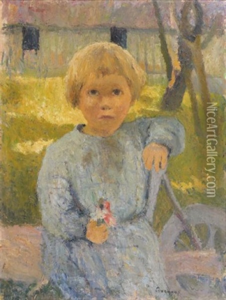 Enfant Assis Tenant Un Bouquet De Fleurettes Oil Painting - Marcel Cauchoux